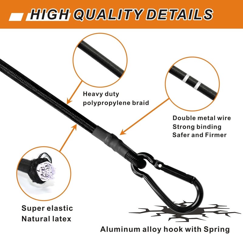 BEXSLE 8 Pcs 24in Bungee Cords with Carabiner Hooks Heavy Duty, Outdoor Black Bungee Straps, Strong Industrial Grade Elastic Bungee Rope for Securing Tarps, Luggage, Tents，Bikes or Garden Tidying - Image 4